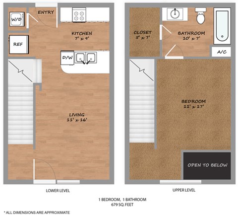 Floor plan for 1 bed, 1 bath, 700 sqft