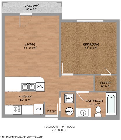 Floor plan for 1 bed, 1 bath, 705 sqft