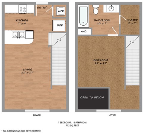 Floor plan for 1 bed, 1 bath, 712 sqft