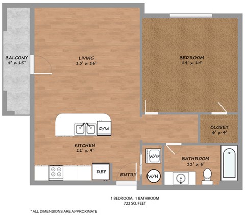 Floor plan for 1 bed, 1 bath, 722 sqft