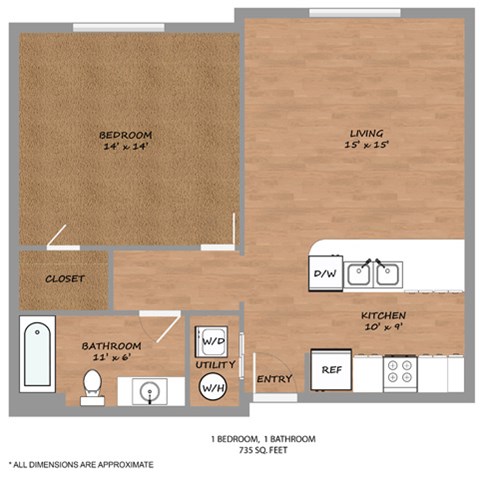 Floor plan for 1 bed, 1 bath, 735 sqft
