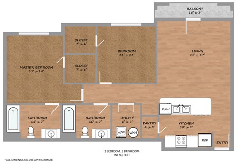 Floor plan for 2 beds, 2 baths, 996 sqft