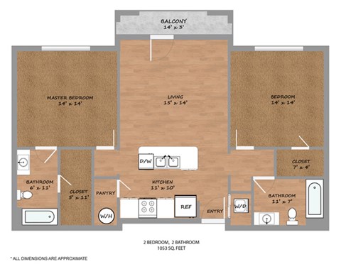 Floor plan for 2 beds, 2 baths, 1053 sqft