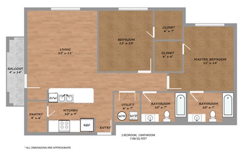 Floor plan for 2 beds, 2 baths, 1108 sqft