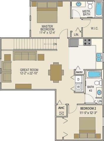 Floor plan for 2 beds, 2.5 baths, 1122 sqft