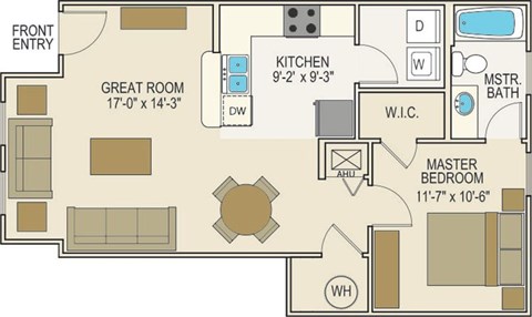 Floor plan for 1 bed, 1 bath, 778 sqft