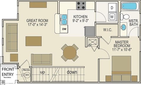 Floor plan for 1 bed, 1 bath, 778 sqft