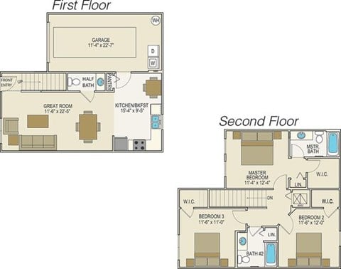 Floor plan for 3 beds, 2.5 baths, 1606 sqft