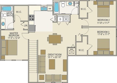 Floor plan for 3 beds, 2 baths, 1307 sqft