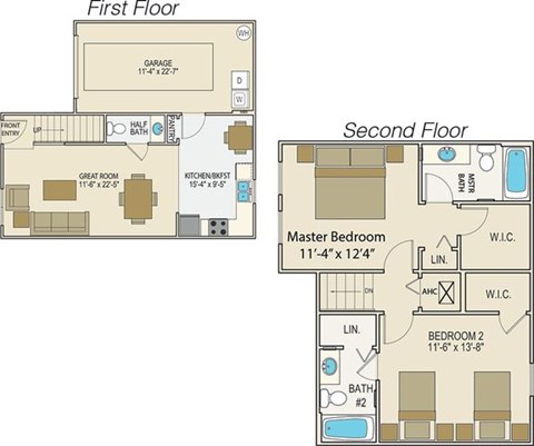 Floor plan for 2 beds, 2.5 baths, 1060 sqft