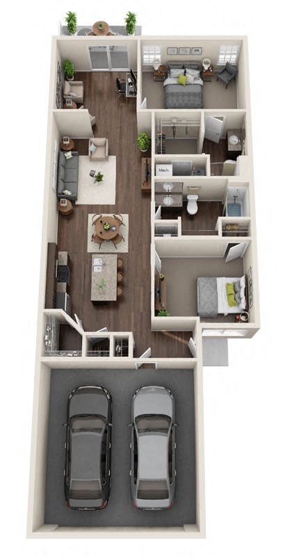 Floor plan for 2 beds, 2 baths, 1294 sqft