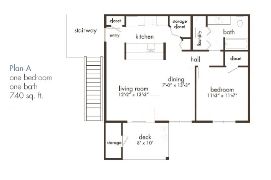 Floor plan for 1 bed, 1 bath, 740 sqft