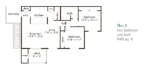 Floor plan for 2 beds, 1 bath, 948 sqft