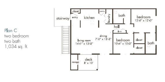 Floor plan for 2 beds, 2 baths, 1034 sqft