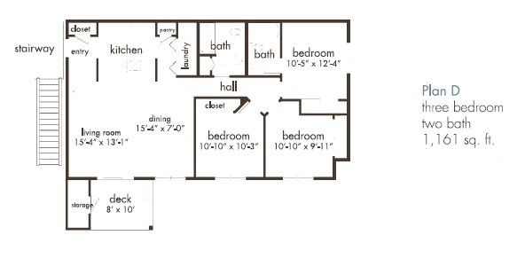 Floor plan for 3 beds, 2 baths, 1161 sqft