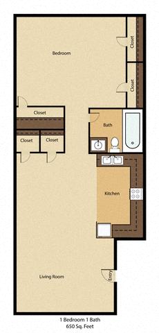 Floor plan for 1 bed, 1 bath, 600 sqft