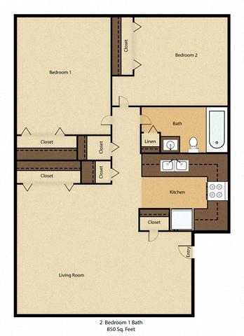 Floor plan for 2 beds, 1 bath, 750 sqft