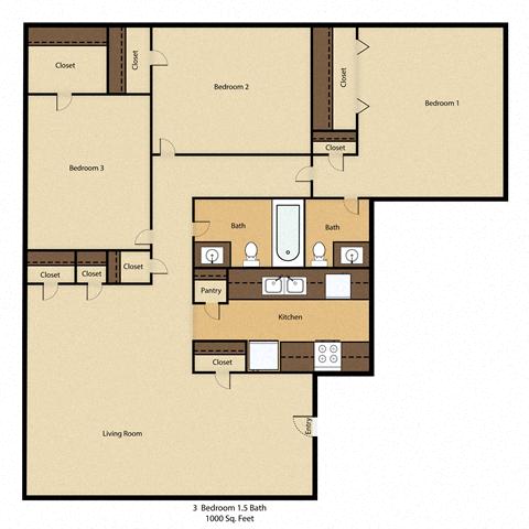 Floor plan for 3 beds, 2 baths, 950 sqft