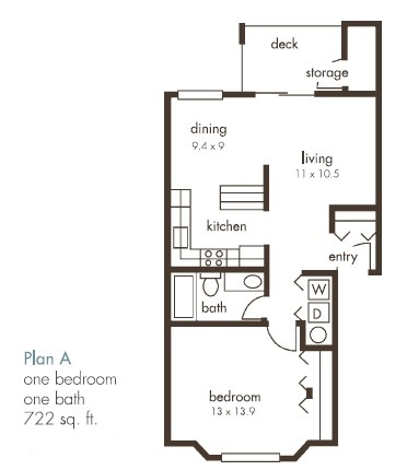 Floor plan for 1 bed, 1 bath, 722 sqft