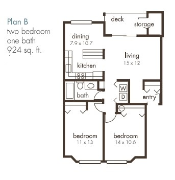 Floor plan for 2 beds, 1 bath, 924 sqft