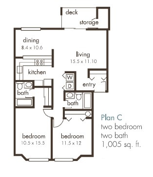 Floor plan for 2 beds, 2 baths, 1005 sqft