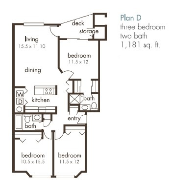 Floor plan for 3 beds, 2 baths, 1181 sqft