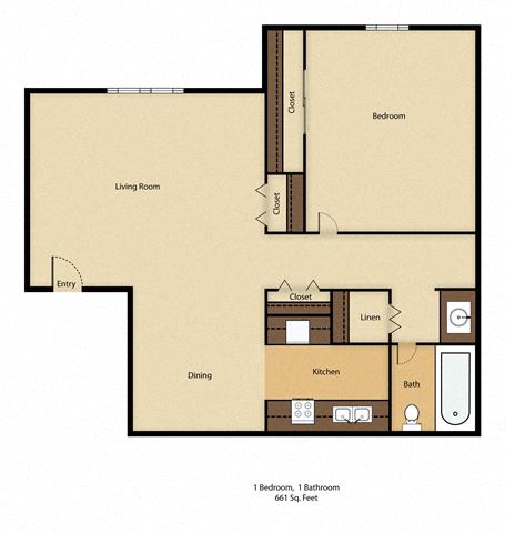 Floor plan for 1 bed, 1 bath, 661 sqft