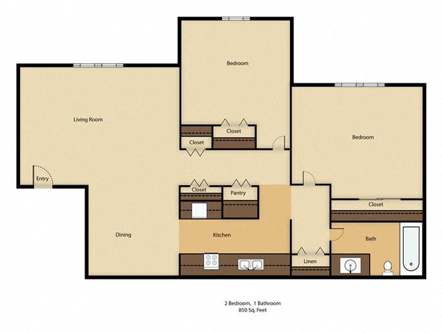 Floor plan for 2 beds, 1 bath, 850 sqft