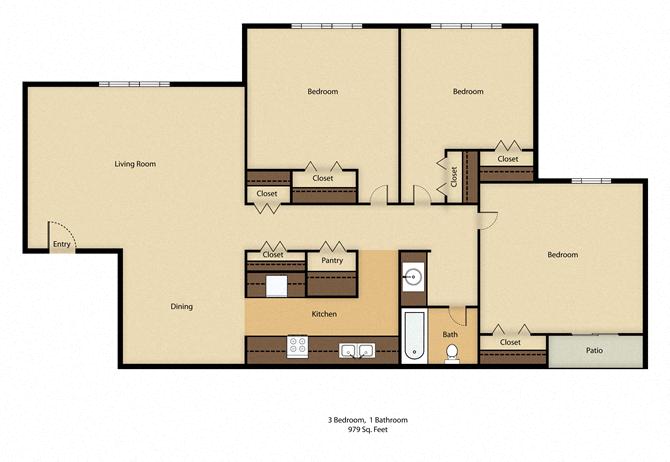 Floor plan for 3 beds, 1 bath, 979 sqft