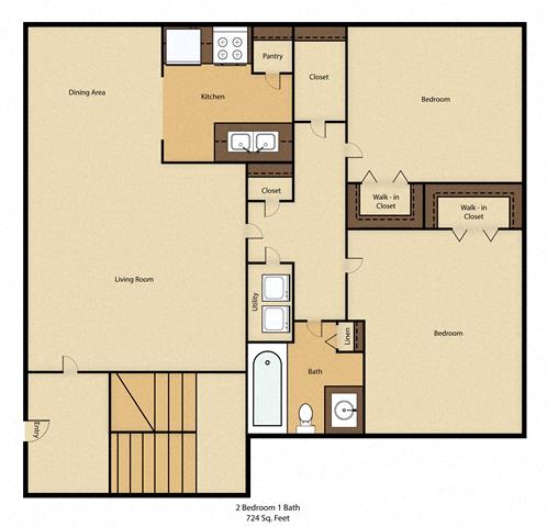 Floor plan for 2 beds, 1 bath, 684 sqft