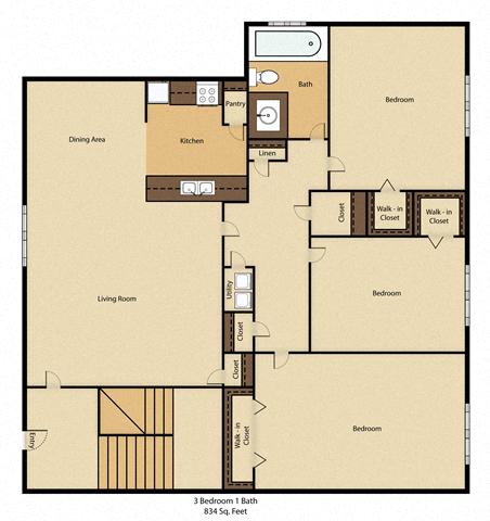 Floor plan for 3 beds, 1 bath, 834 sqft
