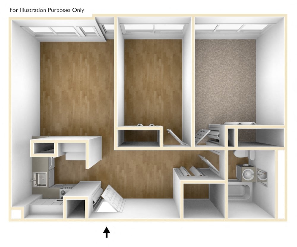 Floor plan for 2 beds, 1 bath, 621 sqft