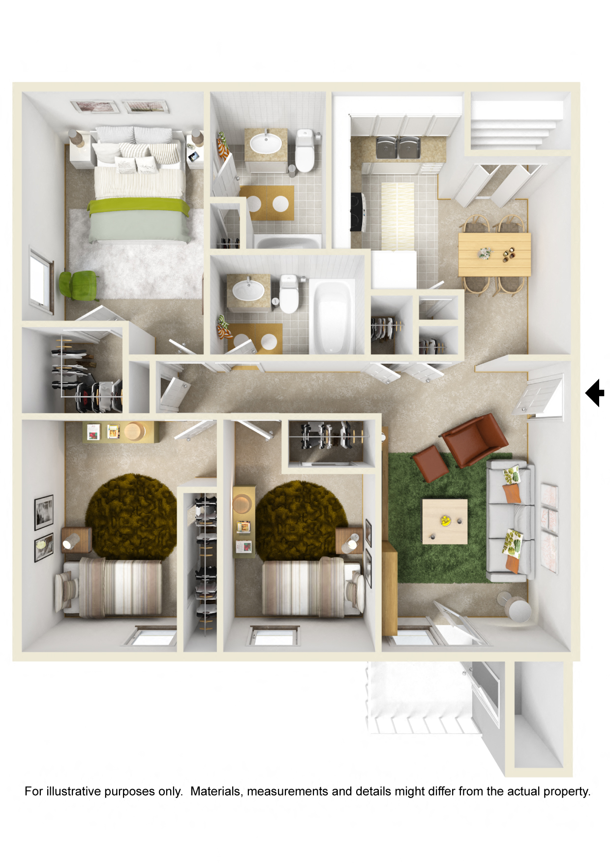 Floor plan for 3 beds, 2 baths, 1075 sqft