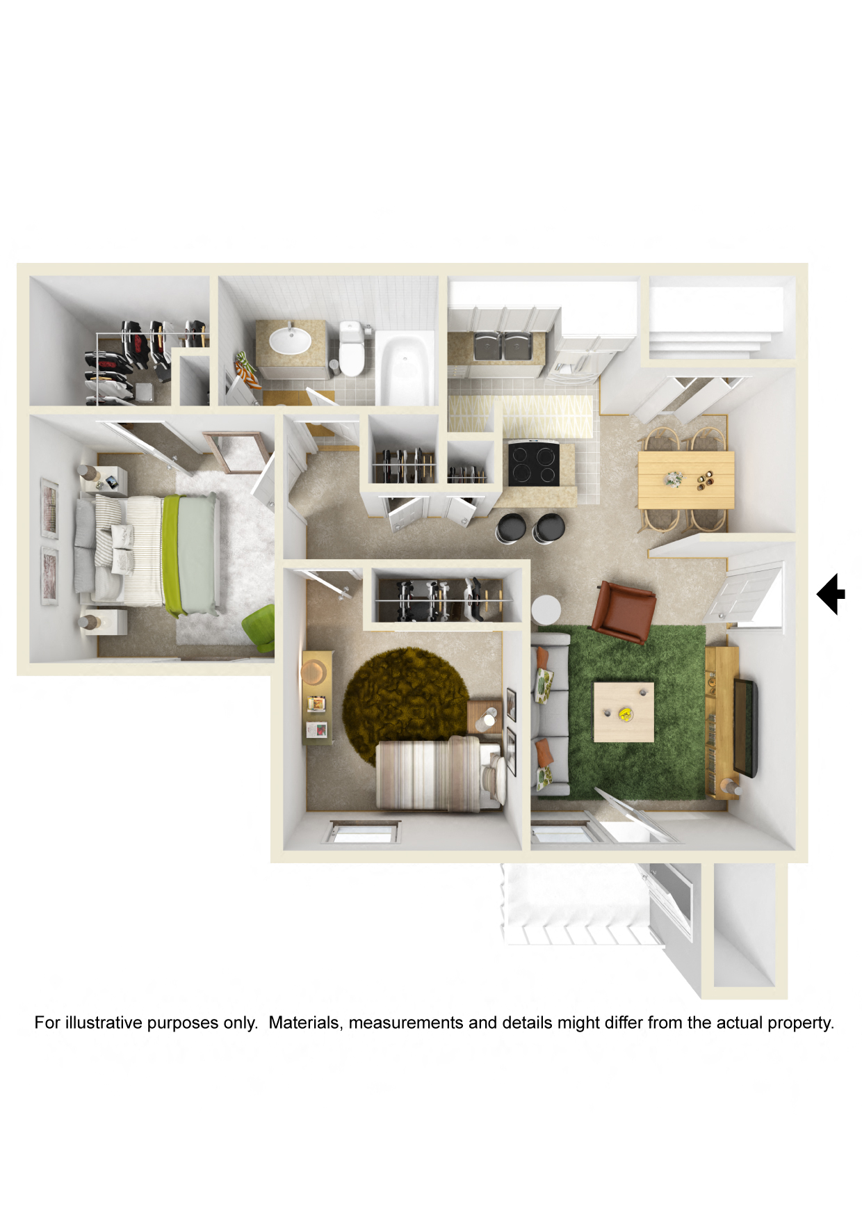 Floor plan for 2 beds, 1 bath, 780 sqft
