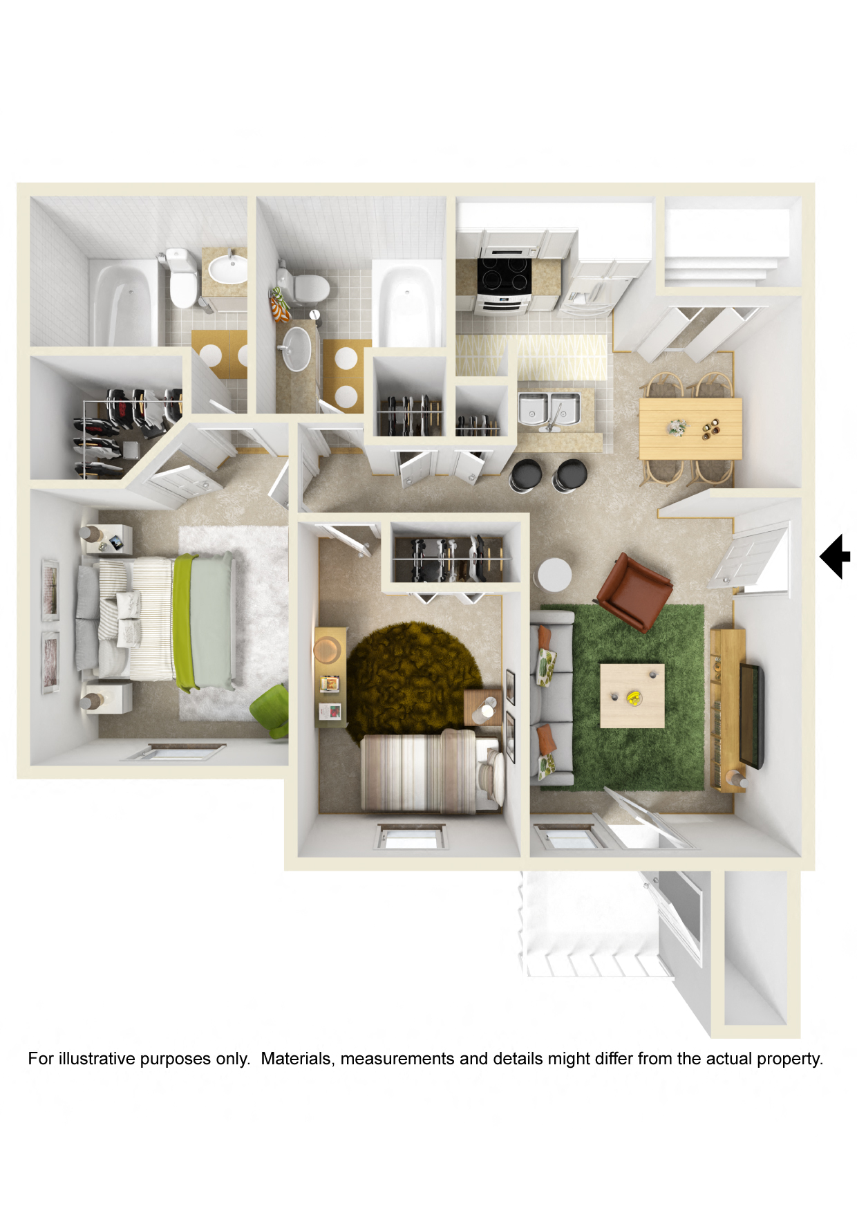 Floor plan for 2 beds, 2 baths, 835 sqft