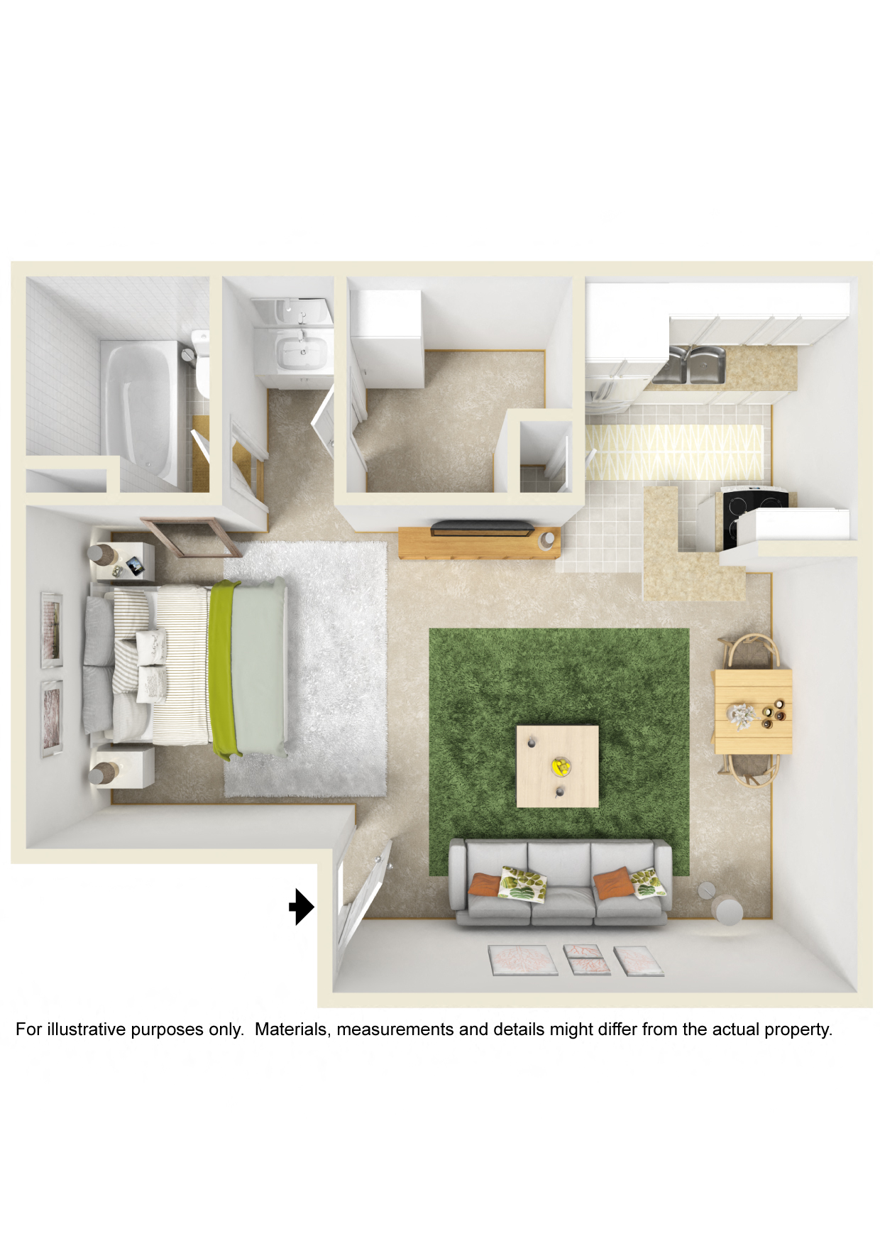 Floor plan for 1 bed, 1 bath, 500 sqft