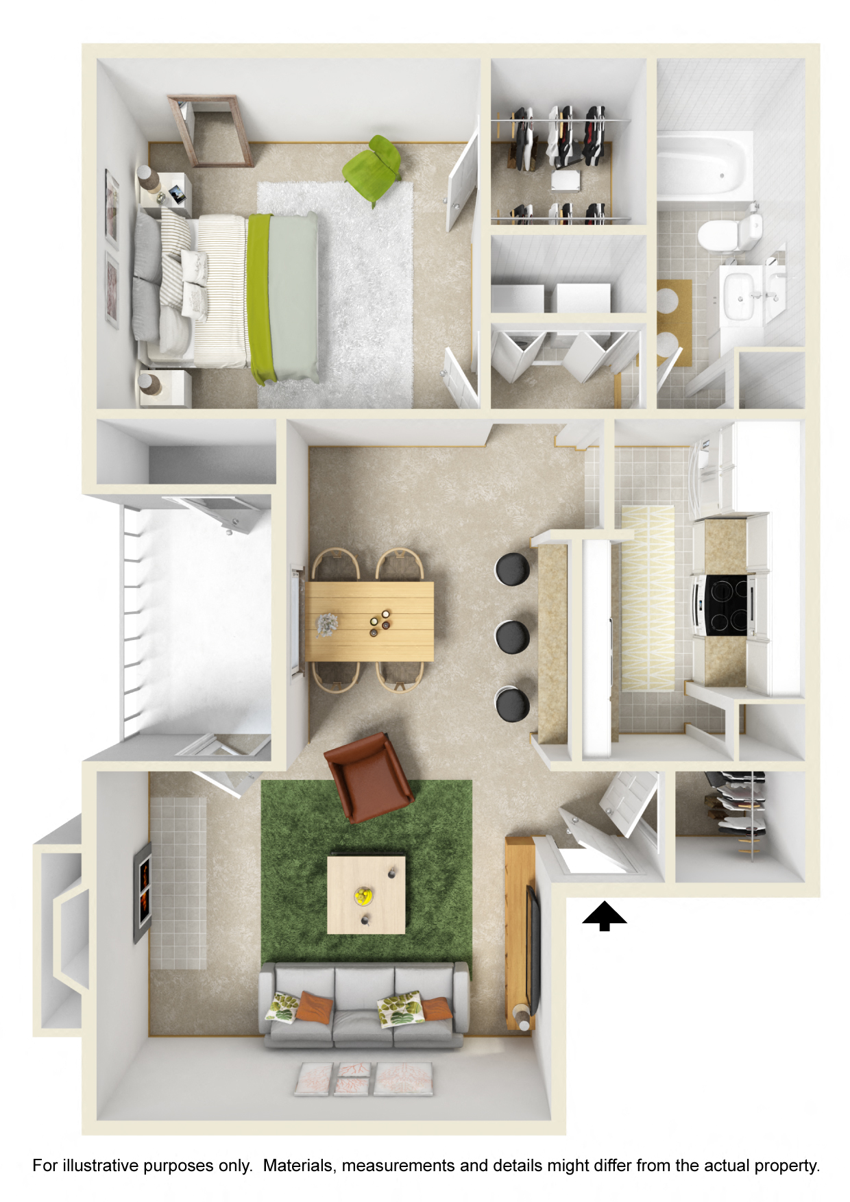 Floor plan for 1 bed, 1 bath, 830 sqft