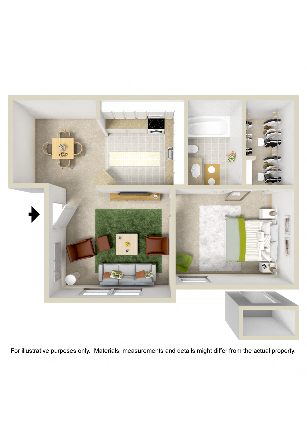 Floor plan for 1 bed, 1 bath, 525 sqft