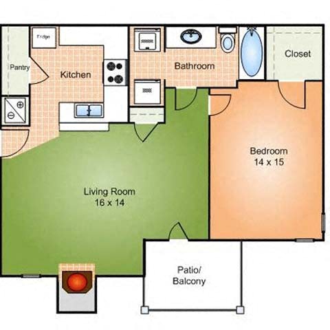 Floor plan for 1 bed, 1 bath, 789 sqft