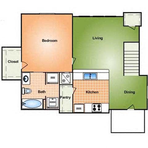 Floor plan for 1 bed, 1 bath, 805 sqft