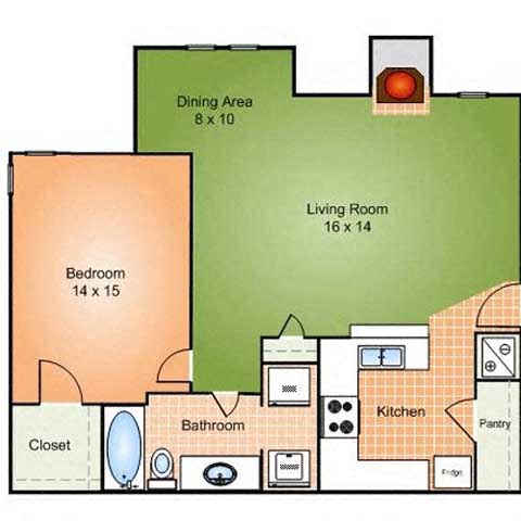 Floor plan for 1 bed, 1 bath, 856 sqft