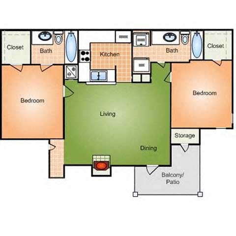Floor plan for 2 beds, 2 baths, 1050 sqft