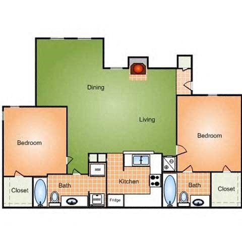 Floor plan for 2 beds, 2 baths, 1108 sqft