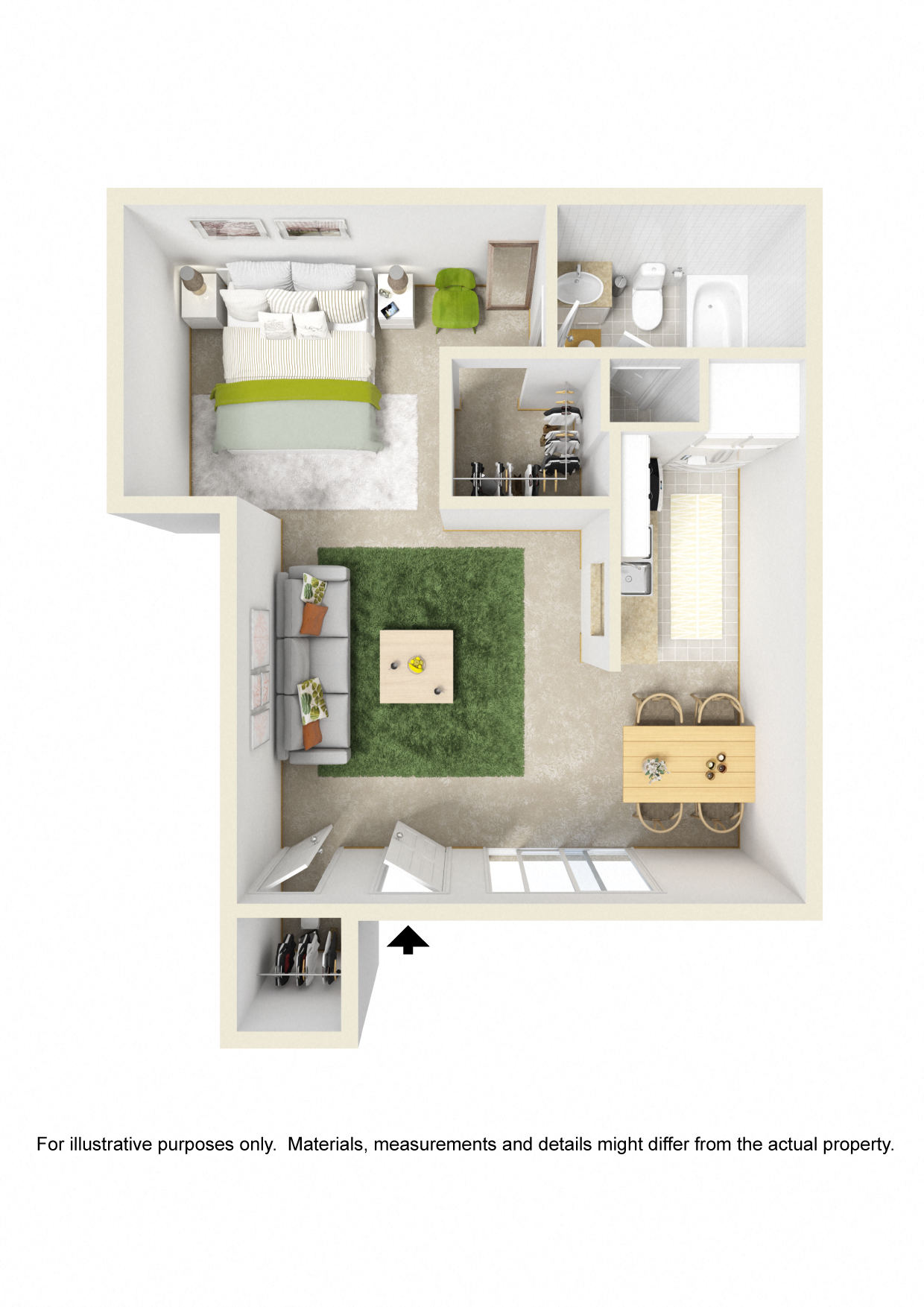 Floor plan for 1 bed, 1 bath, 500 sqft