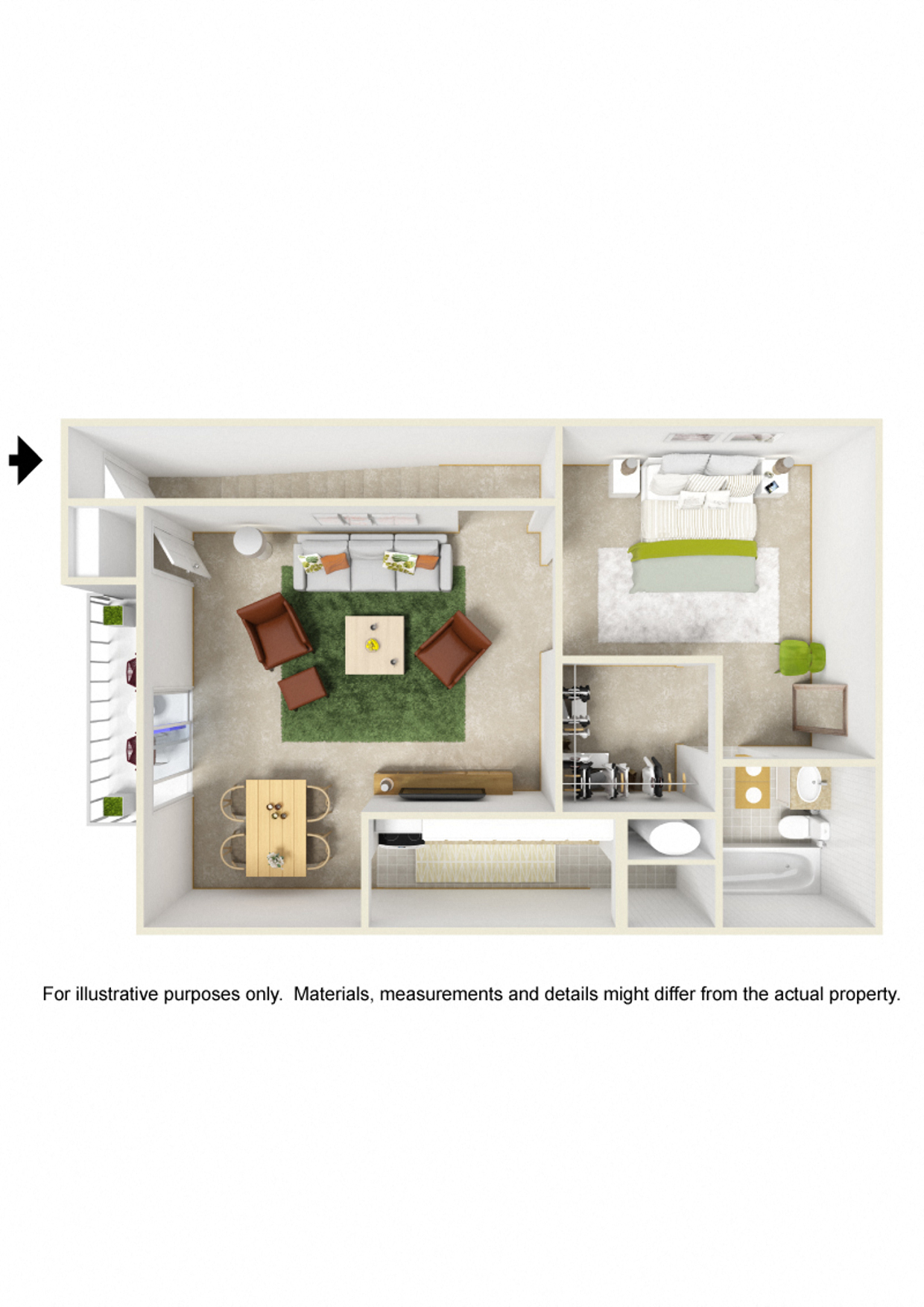Floor plan for 1 bed, 1 bath, 500 sqft
