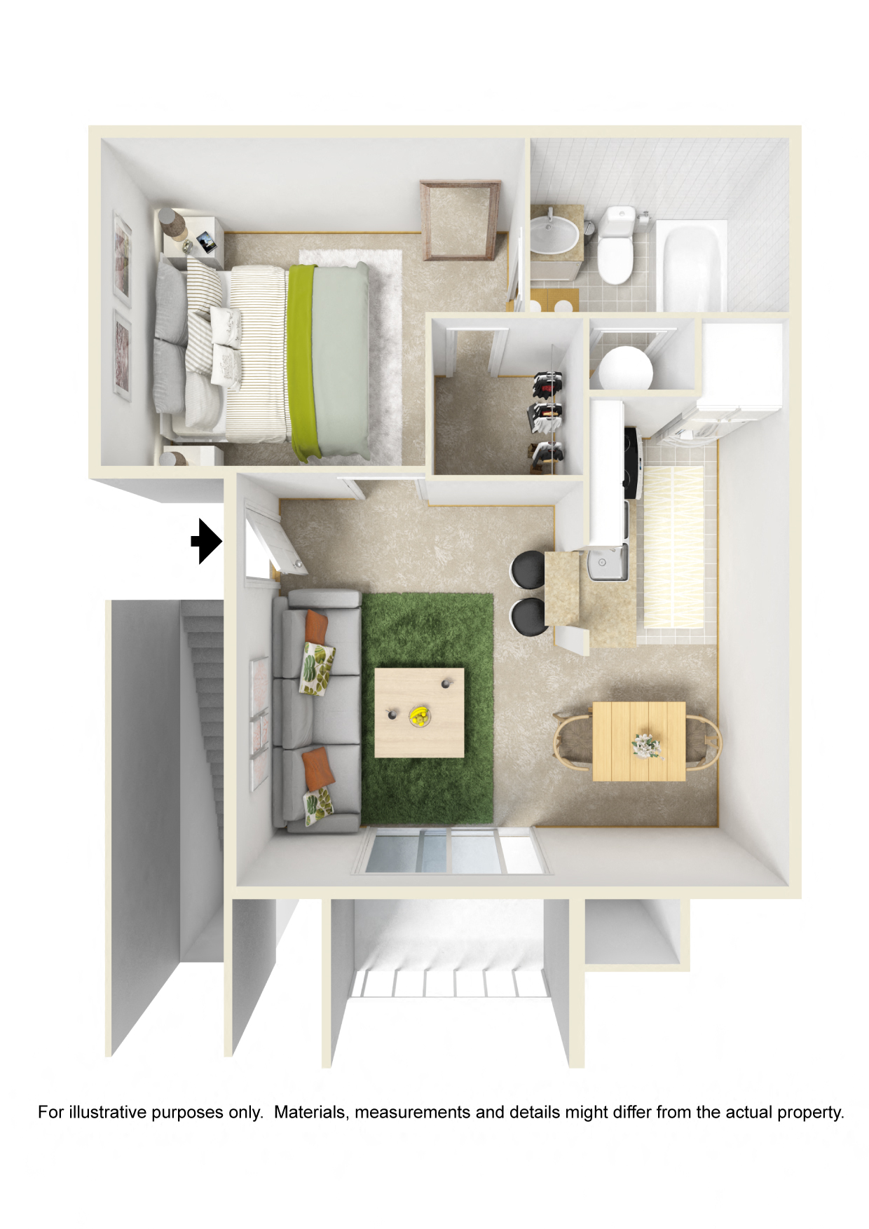 Floor plan for 1 bed, 1 bath, 500 sqft