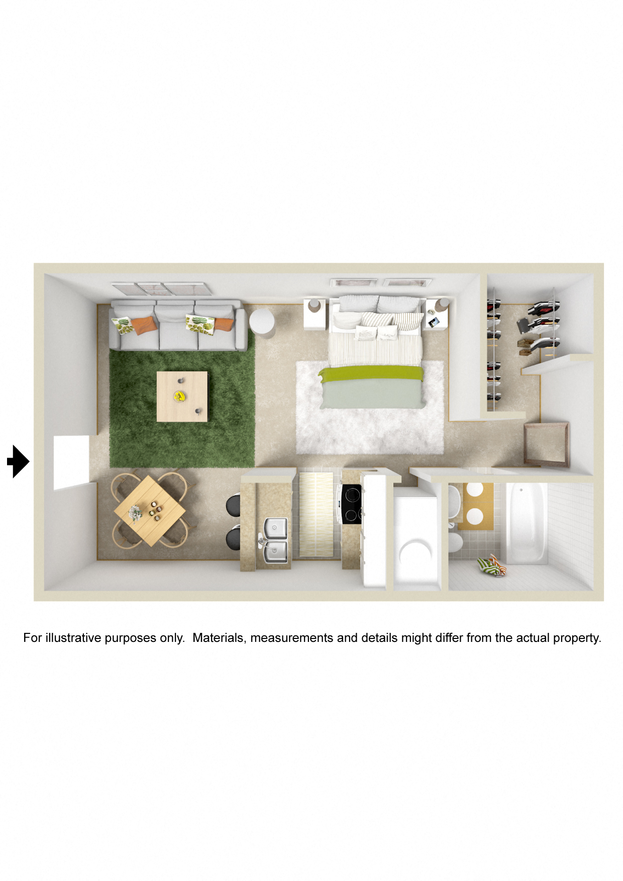 Floor plan for 1 bed, 1 bath, 500 sqft