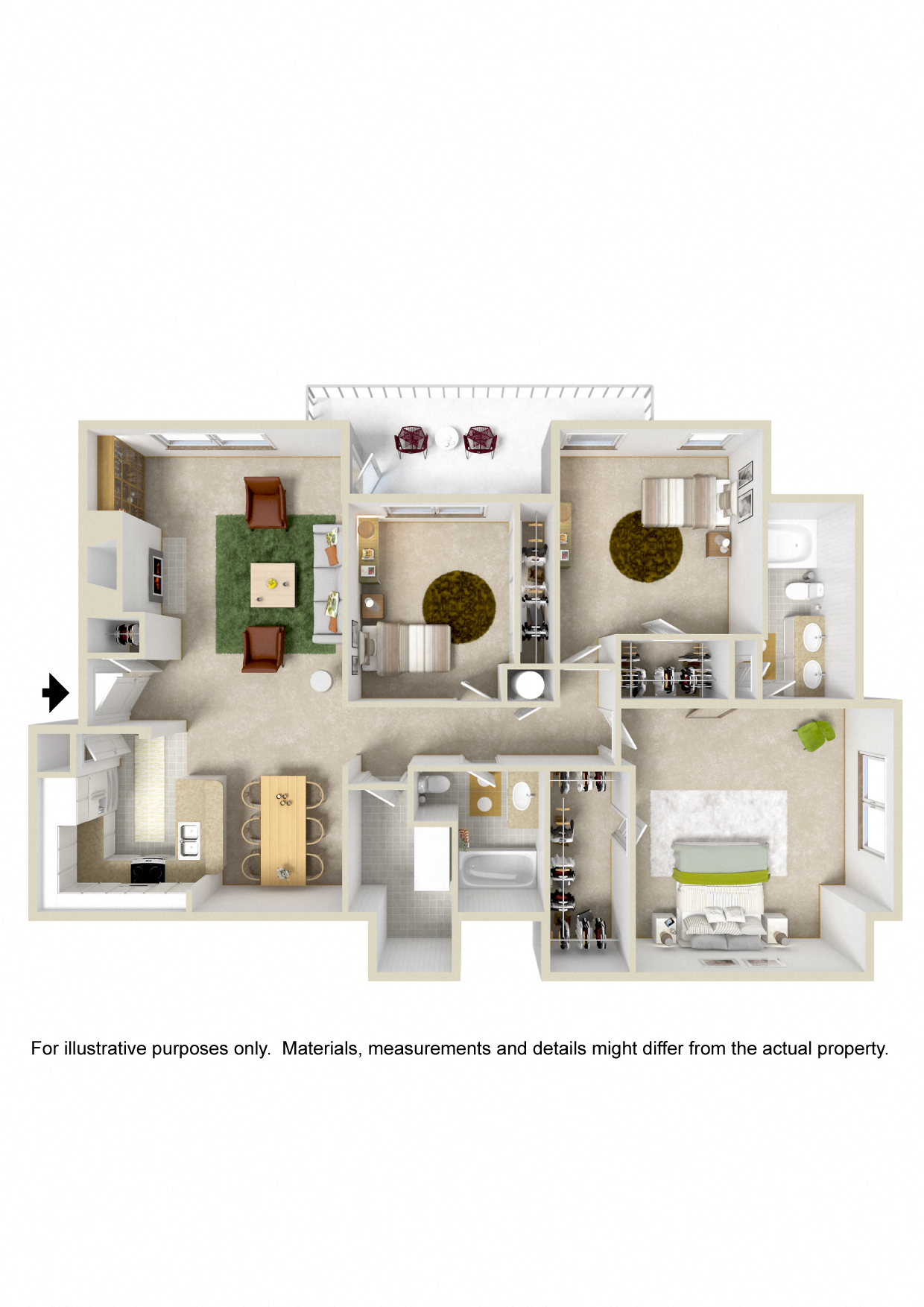Floor plan for 3 beds, 2 baths, 1421 sqft