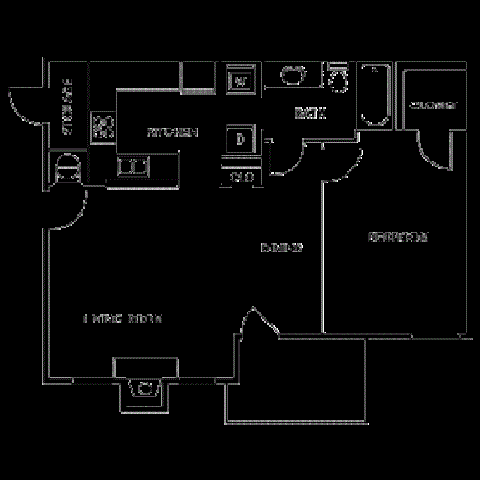 Floor plan for 1 bed, 1 bath, 789 sqft