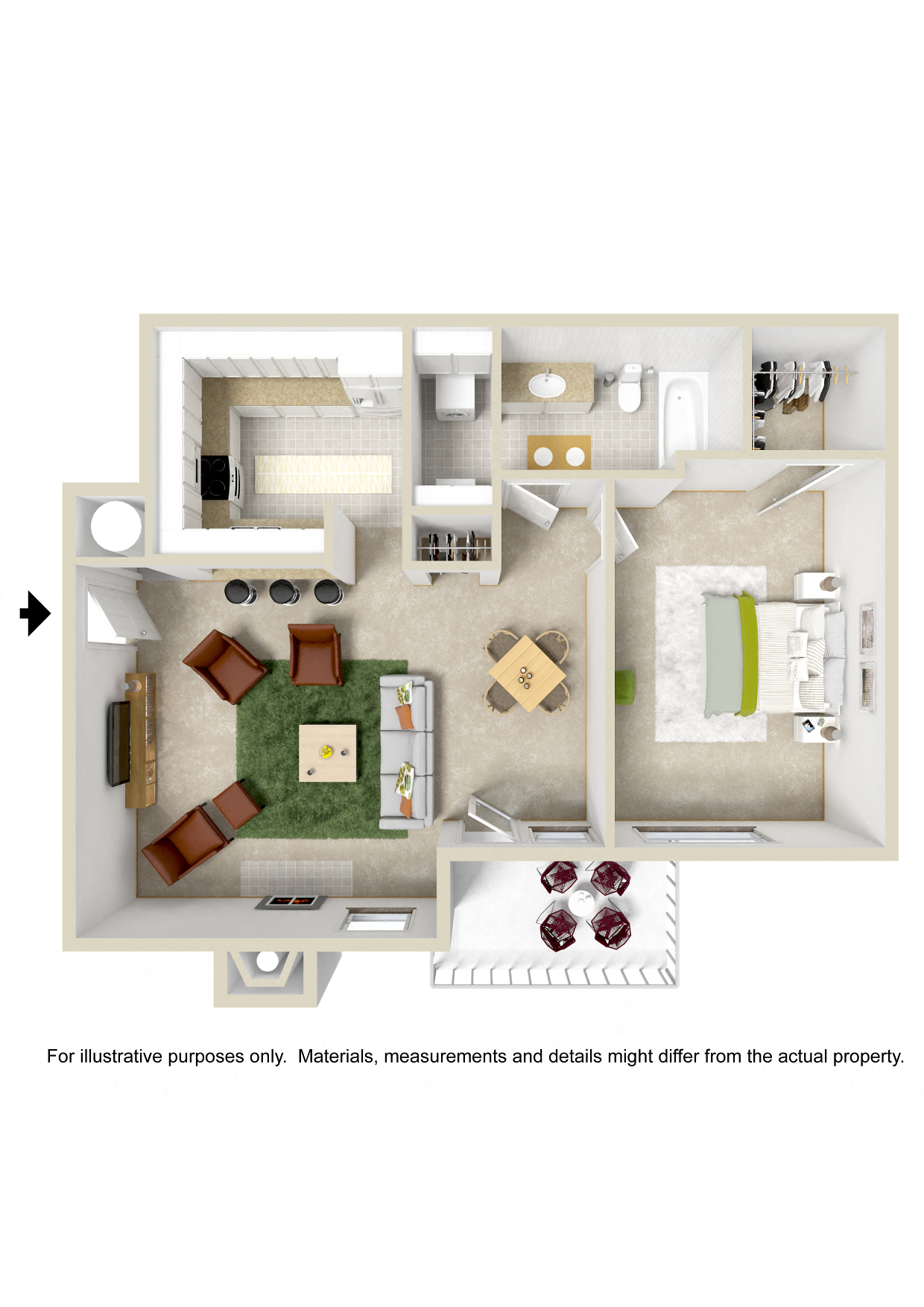 Floor plan for 1 bed, 1 bath, 789 sqft